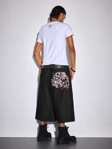 ROMWE MEN Street Life Bermudas casuales de mezclilla con bordado de sakura en el bolsillo para hombre - Azul - Ver 6