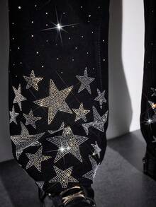 ROMWE MEN Street Life Spring Casual Graphic Men'S Fashion Casual Rhinestone Embellished Slant Pocket Denim Jeans - Black - View 5