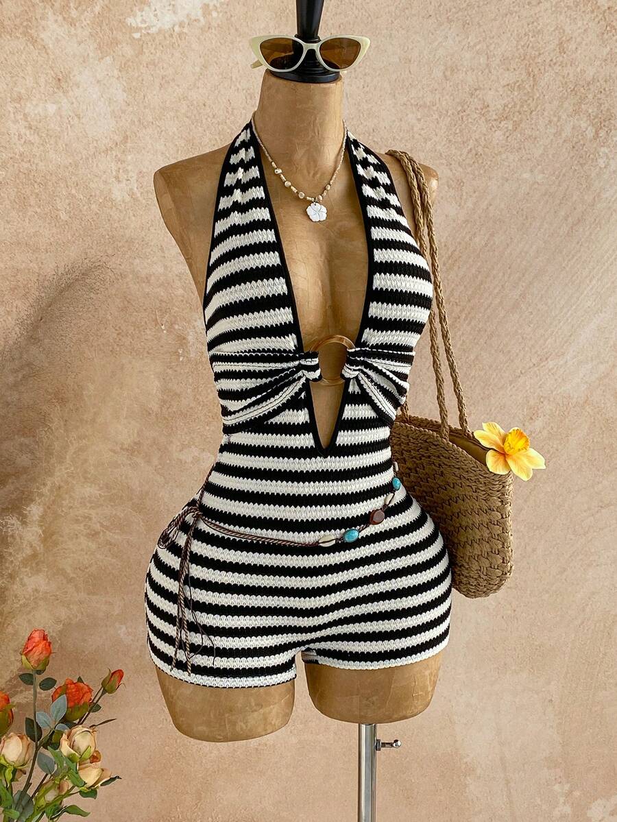 Soleia 女士白色纹理针织露背连体裤，饰有圆形圆环，优雅性感，适合万圣节、圣诞节、度假等场合。 - 彩色 - 查看 1