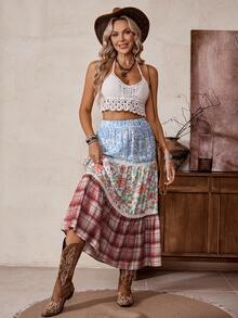 LanaWest Women's Casual Patchwork Elastic Waist Midi Skirt - Red - View 4