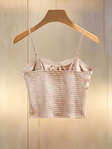 GlowEve Fashionable Casual Elegant Vacation Women's Outgoing Sexy Party Pearl Collar Design Camisole Crop Top, Solid Color Stretch Satin Women Blouse - Champagne - View 2