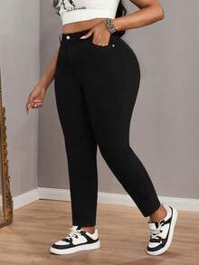 Slaydiva Jeans casuales de talla grande de unicolor con bolsillo en ángulo y silueta ajustada - Negro - Ver 4