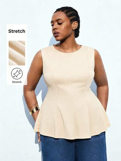 Maija Women Plus Size Solid Color Round Neck Ruffle Hem Casual Versatile Daily Commute Sleeveless Top