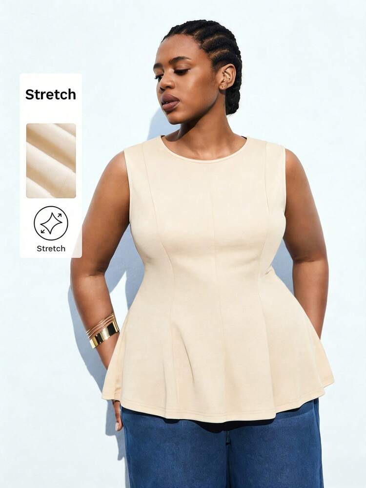 SHEIN Maija Femmes grande taille Couleur Unie Col Rond Volant Ourlet Décontracté Polyvalent Quotidien Navette Sans Manches Top Peplum Pour Femmes Top D'église Pour Femmes St Patrick Femmes Pâques Fête D'été Plage Vacances D'été Pour Femmes Sortie Graduation Décontracté