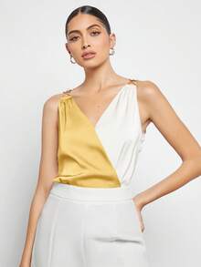 BizChic Áo kiểu phối màu bất đối xứng với chi tiết kim loại ở vai, đa năng cho mùa xuân/hè, phù hợp cho Lễ Phục Sinh, Ngày Thánh Patrick, đi làm, mặc hàng ngày, phong cách thường ngày, lãng mạn, retro thập niên 90, dự tiệc, đi biển, lễ tốt nghiệp, kỳ nghỉ, dự đám cưới, ăn trưa, ở sân bay. - Màu vàng - Xem 8