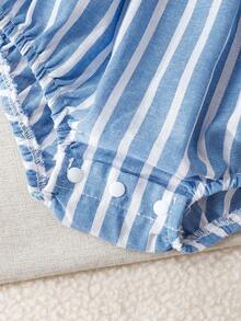 Cozy Pixies Baby Girl Colorful Striped Bow Decor Sleeveless Romper, Versatile & Comfortable,Baby Girl's Blue Stripe Bow Romper & Headband Set - Sleeveless Bubble Romper With Oversized Bow - Blue - View 5