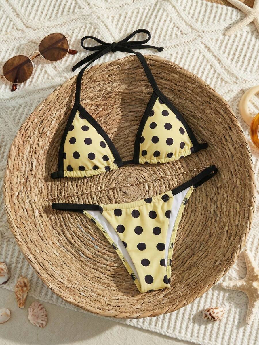 Swim Vcay 女士撞色滚边挂脖系带波点比基尼套装,夏季 - 彩色 - 查看 1