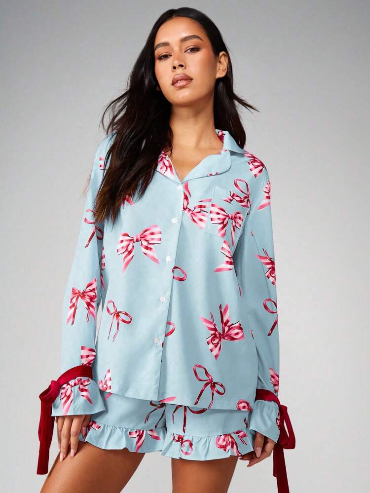MISSGUIDED Bow Print Pajama Set Long Sleeve Button Up Top With Ruffle Shorts Holiday Sleepwear Lounge Set