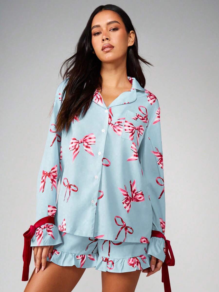 MISSGUIDED Bow Print Pajama Set Long Sleeve Button Up Top With Ruffle Shorts Holiday Sleepwear Lounge Set - Blue - View 1