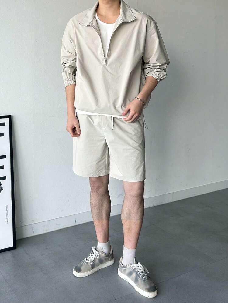 Men's Solid Color Polo Collar Zip-Up Long Sleeve Sweatshirt And Drawstring Waist Pocket Shorts Casual Outfit, Spring/Summer