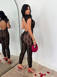 SHEIN SXY 黑色性感蕾丝深V露背连体裤 - 黑色 - 查看 2