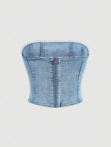 SHEIN MOD 女士时尚百搭牛仔抹胸上衣，适合约会和派对穿着 - 淺色水洗藍 - 查看 2