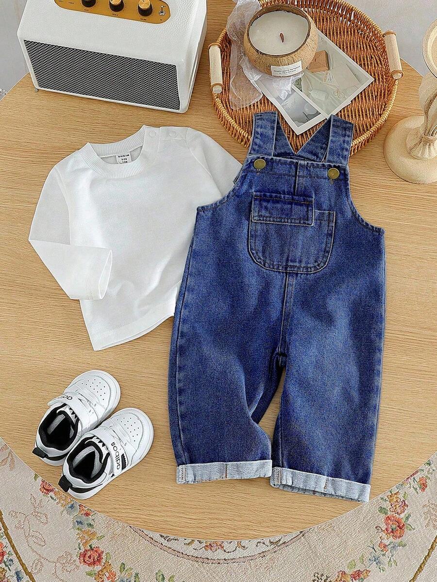 SHEIN Vintaside Kids 2pcs/Set Baby Boys' Casual Solid Color T-Shirt And Denim Bib Pants - Blue - View 1