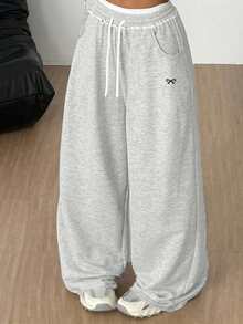 SHEIN 少女宽松休闲舒适蝴蝶结印花中腰撞色抽绳运动裤，浅灰色 - 淺灰色 - 查看 1