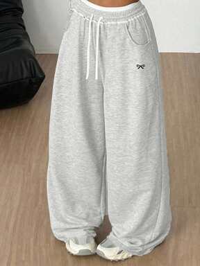 SHEIN Tween Girls Loose Casual Comfortable Bow Print Mid-Waist Contrast Drawstring Sweatpants, Heather Gray