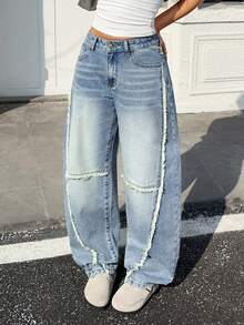 SHEIN ICON 女士休闲宽松口袋牛仔裤 - 藍色 - 查看 4