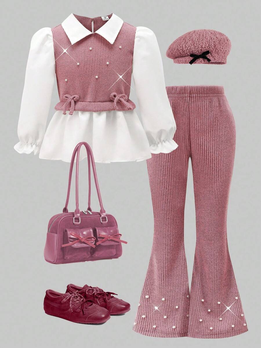 Dusty Pink Cute Tween Girls Knitted Striped Shirt Co-Ords With Collar Long Flare Sleeve And Ruffle Hem - Dusty Pink - View 1