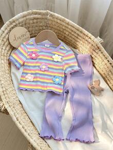 SHEIN 女婴夏季休闲条纹花卉装饰T恤和喇叭裤套装 - 彩色 - 查看 6