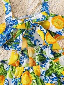 SHEIN Young Girl Frill Trim Keyhole Back Butterfly Sleeve Dress ,Lemon Print Ruffle Sleves Long Dress , Summer Vacation,Mom And Daughter & Sisters Matching Style ,Matching Family Vacation , Holidays,Beach Vacation, Lemon Print Dress For Girls, Girls Summer Dress - Yellow - View 5