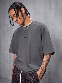AXEPEAK Men's Casual Loose Gothic Letter Drop Shoulder Crewneck Short Sleeve T-Shirt With Air Layer Suede Embossed Design, Summer, Streetwear Edition - Dark Grey - View 2