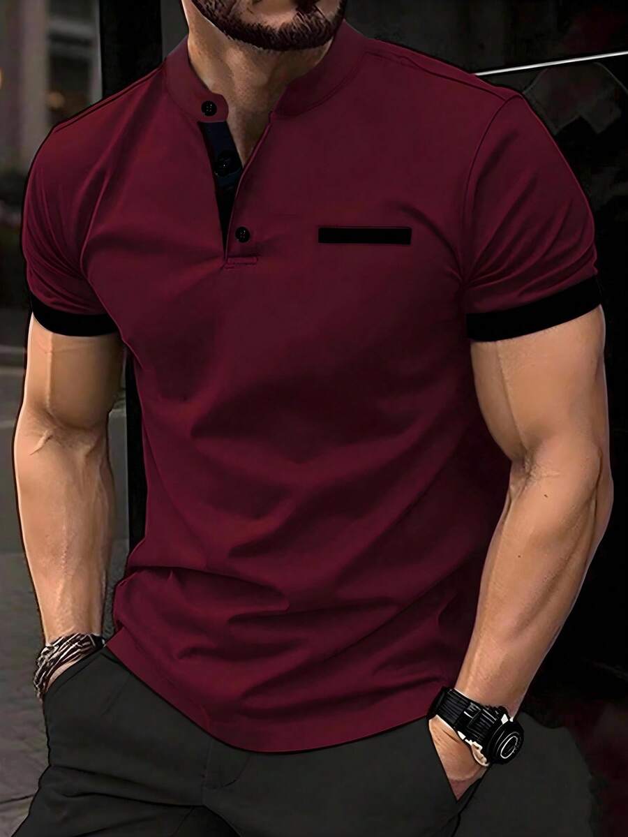 Manfinity Homme 男士撞色口袋休闲短袖Polo衫，男士复古风，日常休闲、周末旅行、户外活动、探险旅行、轻松的工作环境或半正式场合皆宜，男友/老公礼物，周年纪念/生日礼物，酒红色男士上衣，夏季假期、婚礼、春夏、狂欢节等场合的理想之选，时尚男士酒红色短袖Polo衫，立领黑色点缀，男士红色上衣，男士酒红色衬衫 - 酒紅色 - 查看 1