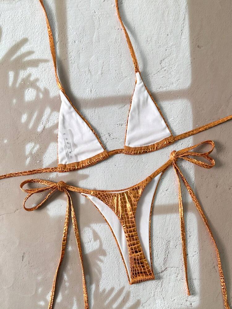 Swim SXY 2 Adet/Takım Yılan Derisi Dokulu Askılı Üçgen Sütyen ve Yan Bağcıklı Mayo Altı Seksi Bikini Seti, İlkbahar/Yaz - Turuncu - Görünüm 3