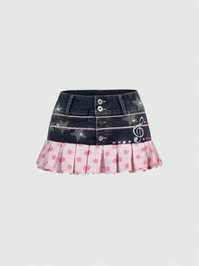 ROMWE J-Fashion Y2K Abby Hot Girl-Inspired Pink Polka Dot & Music Note Embroidered Super Low-Rise Mini Skirt - Blue - View 1