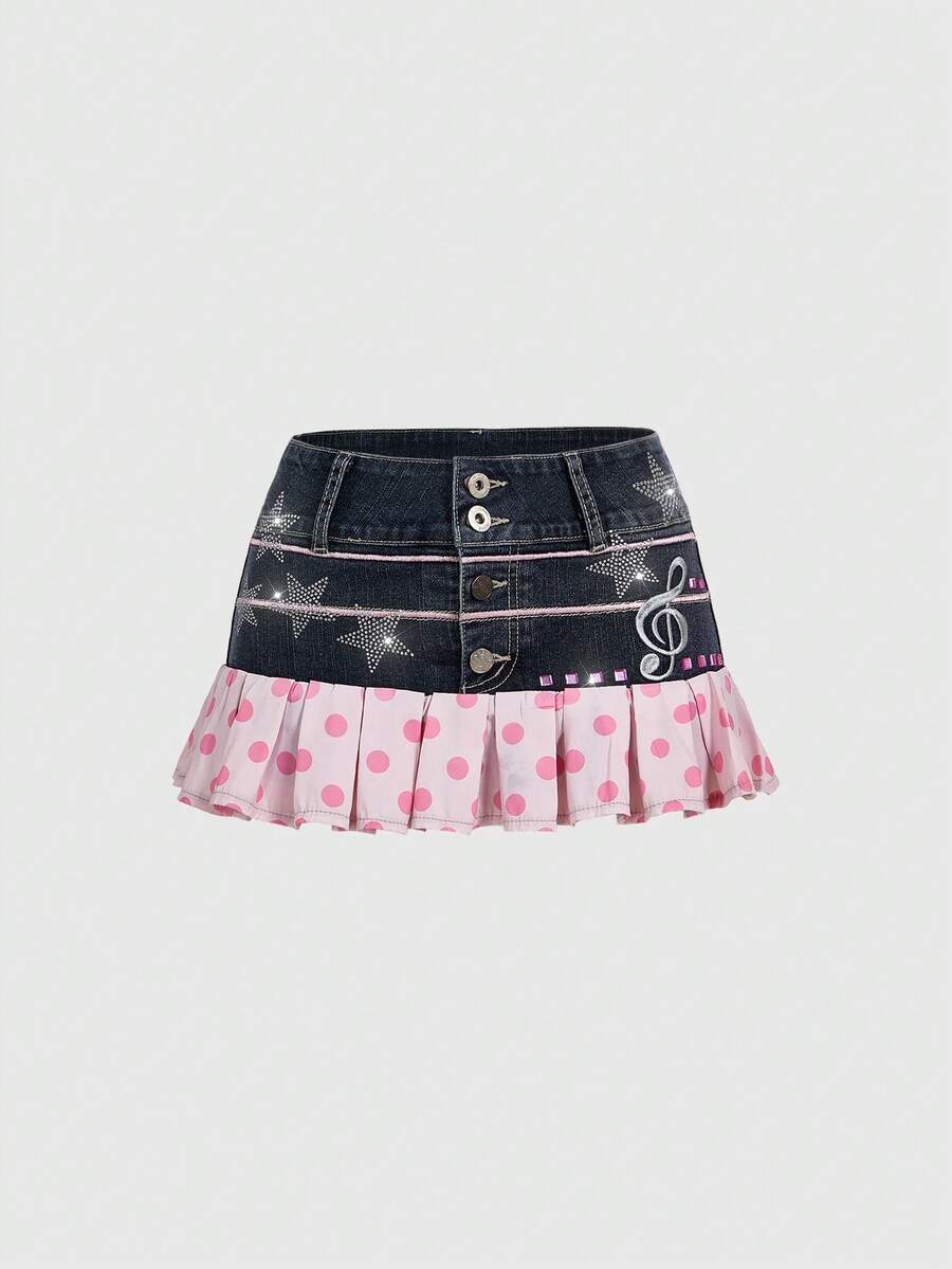 ROMWE J-Fashion Y2K Abby Hot Girl-Inspired Pink Polka Dot & Music Note Embroidered Super Low-Rise Mini Skirt - Blue - View 1