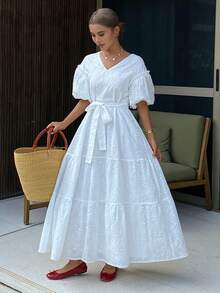Livesso White V-Neck Tie Waist Hollow Out Puff Sleeve Midi Dress For Women, Spring - White - View 3