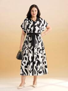 Momelise 系带印花大码连衣裙，春夏款 - 杏色 - 查看 4