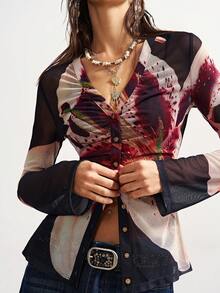 Bohemela 女士波西米亚风印花V领荷叶袖单排扣修身半透明衬衫，适合春、夏、秋季穿着 - 彩色 - 查看 5