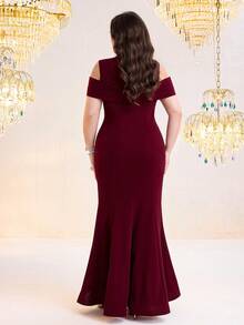 Modelyn 大码优雅派对水钻装饰露肩美人鱼连衣裙 - 酒紅色 - 查看 2
