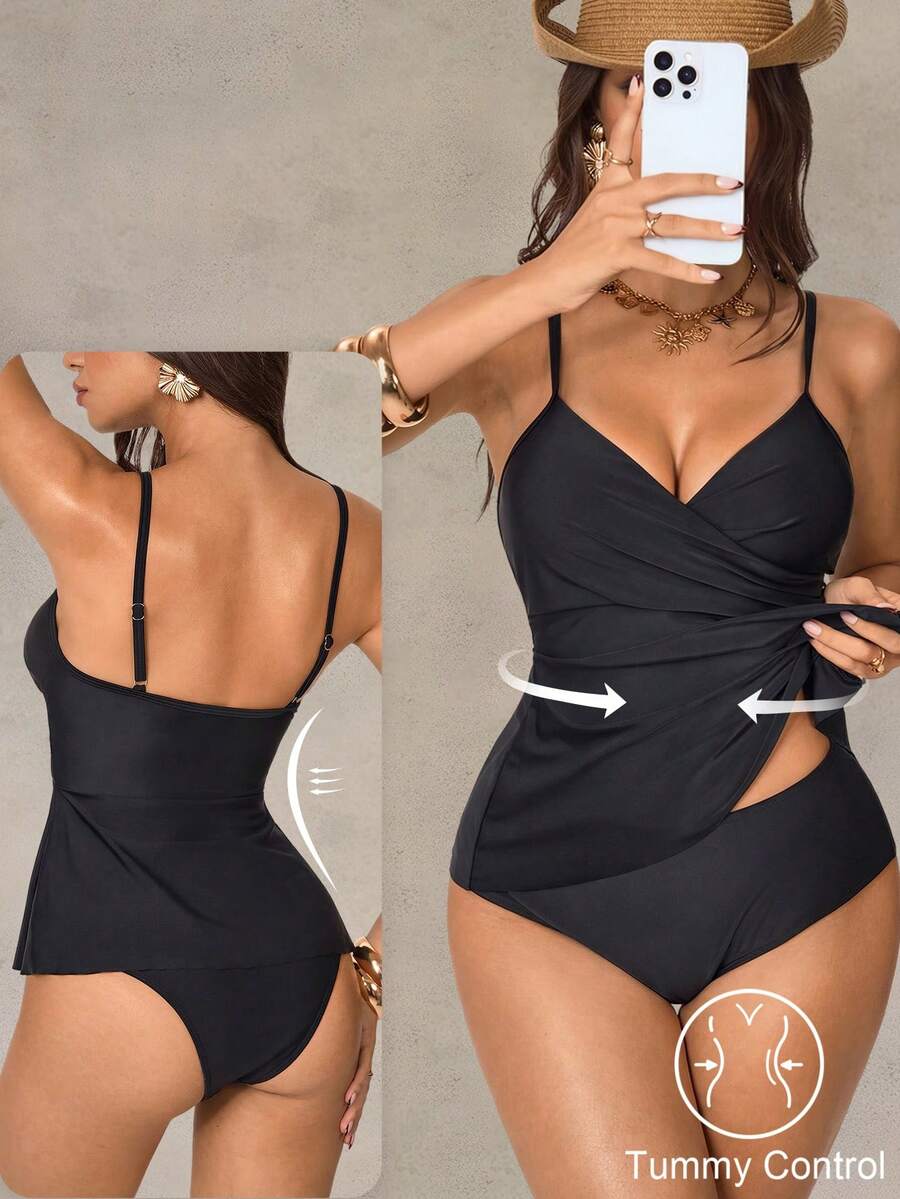 Shapewave Summer Vacation Solid Wrap Tankini Swimsuit - Black - View 1
