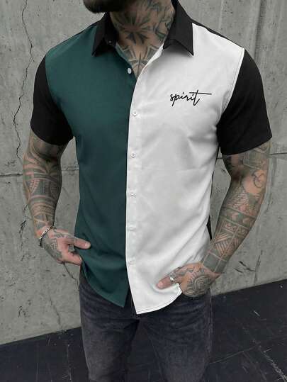 Manfinity BRENVOR Loose Men Letter Graphic Colorblock Shirt Without Tee