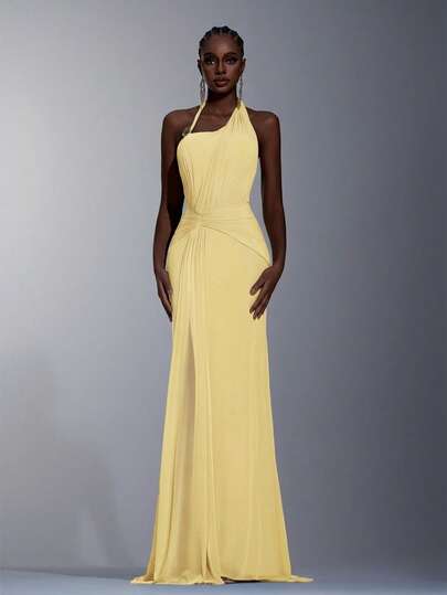 Elitara Elegant, Noble And Graceful Gray-Blue High Elastic Knitted Mesh Halter Neck Dress With Luxurious Metal Decor, Pleated Front Panel, Twisted Waist, And Draped Fishtail Hem, Suitable For Dates, Vacations, Singles Parties, Weddings, And Everyday Wear