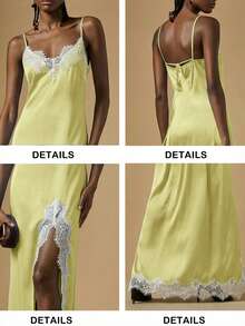 Briarwyn Women's Spaghetti Strap Black Lace Patchwork High Slit Hem Dress - Yellow - View 9