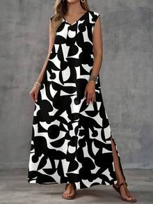 EMERY ROSE Women's Casual Geometric V-Neck Dress, Suitable For Spring/Summer - Multicolor - View 4