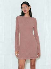 Nöista Women's Elegant Dusty Rose Autumn Dress,Sheer Long Sleeves,Fitted Silhouette,Subtle Glitter Fabric,Perfect For Brunch,Parties,Dinners&Celebrations - Dusty Pink - View 2