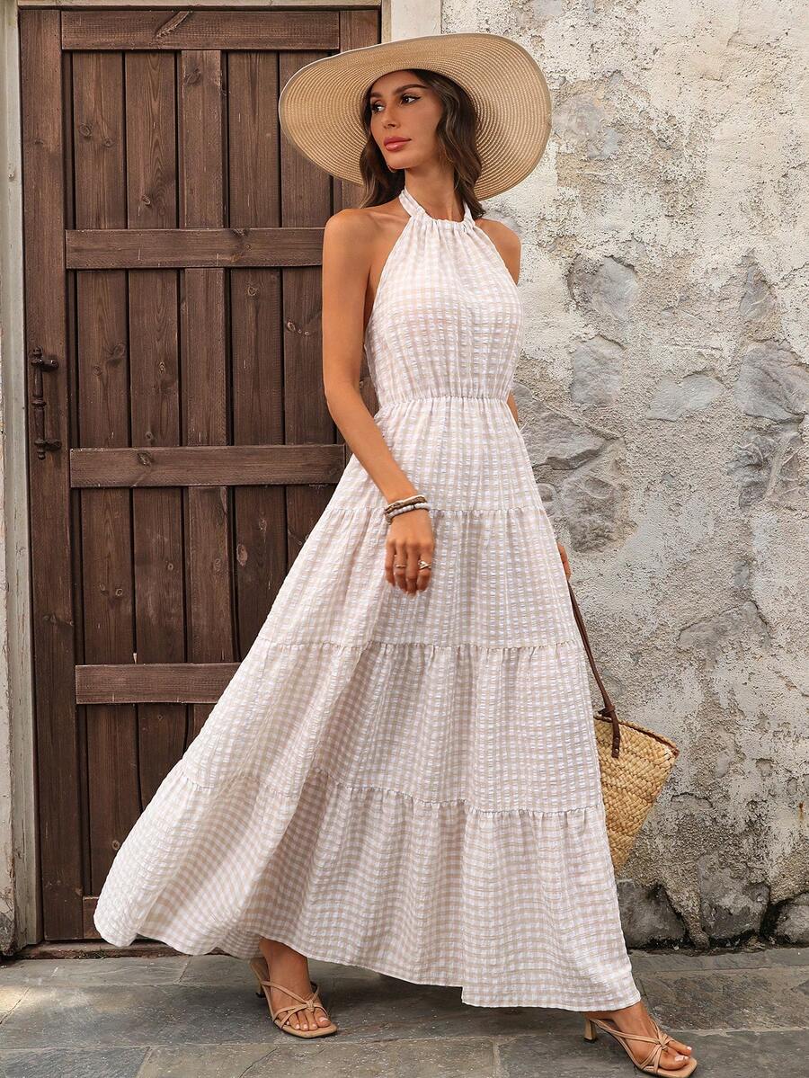 EMERY ROSE Women's Casual Halter Neck Plaid Ruffle Hem Dress, Suitable For Vacation - Multicolor - View 1