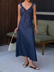 DAZY Women's V-Neck Ruffle Trim Waist Cinched Casual Denim Dress, Vacation Style - Dark Wash - View 1