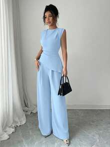 Rafferiza 2pcs/Set Women Solid Color Textured Pleated Round Neck Sleeveless Top - Baby Blue - View 5