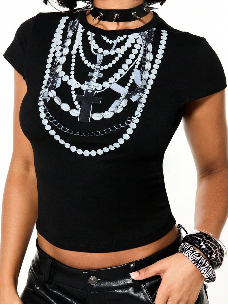 SUMWON WOMEN Cropped Graphic Baby Tee With Pearl Print