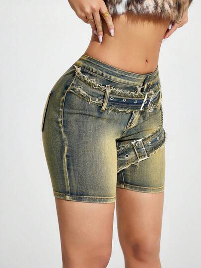 Jeanoix Women's Casual Washed Frayed Hem Belted Slim Fit Denim Shorts, Summer