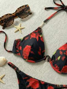 SHEIN Swim Spaghetti Strap Printed Bikini Set For Summer Swimming Wear - Black - View 4