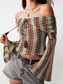 Bohemela 休闲针织彩色条纹露肩喇叭长袖修身女式上衣派对上衣优雅女式衬衫春夏度假女装夏季上衣黑色上衣 - 彩色 - 查看 1
