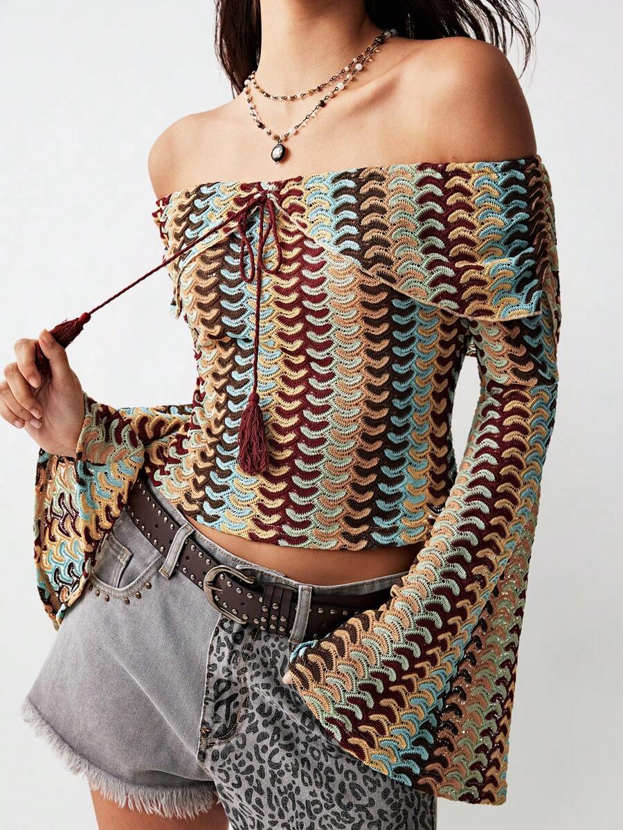 Bohemela 休闲针织彩色条纹露肩喇叭长袖修身女式上衣派对上衣优雅女式衬衫春夏度假女装夏季上衣黑色上衣 - 彩色 - 查看 1