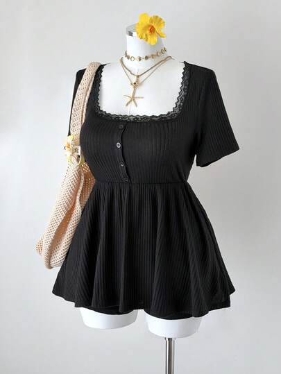 Sunspun Plus Size Square Neck Floral Patchwork Button Waist A-Line Short Sleeve Knit Elegant Vintage Casual Cute Homewear & Holiday T-Shirt For Women