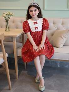 Young Girl' Cute Red Floral Print Dress, Lace Patchwork, Bow Decor, Comfortable Fabric, Suitable For Outings - Red - View 10