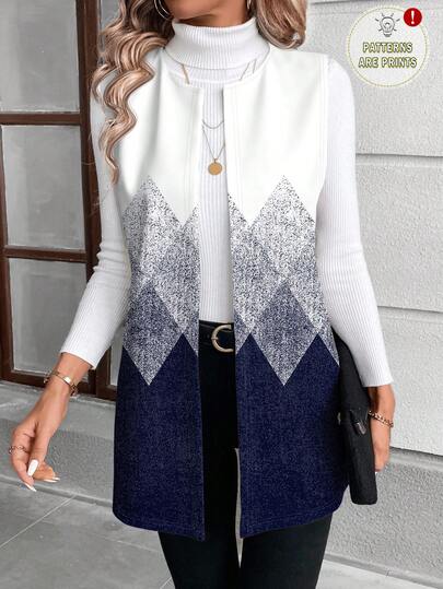 EMERY ROSE Romantic Casual Blue & White Ombre Argyle Geometric Print Plus Size Women Coat, Women's Vest Coat, Blue & White Coat, New Year , Office, Outerwear