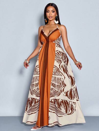 SOLERSUN Women's Tropical Plants Printed Casual Halter Dress For Vacation